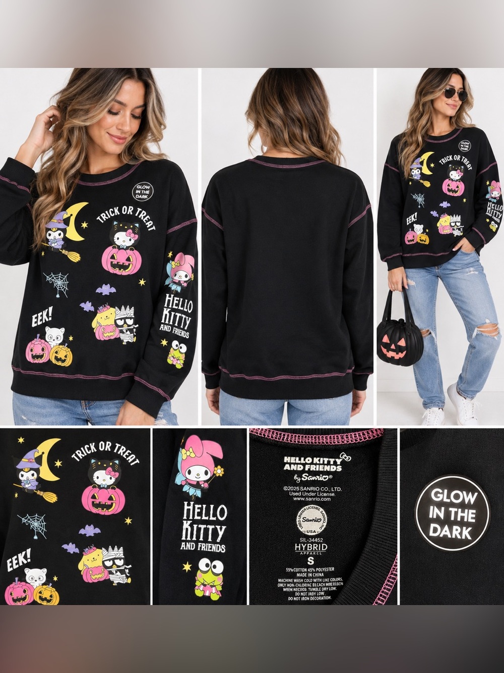 Hello Kitty & Friends Halloween Glow in Dark Sweatshirt Black Small NWT